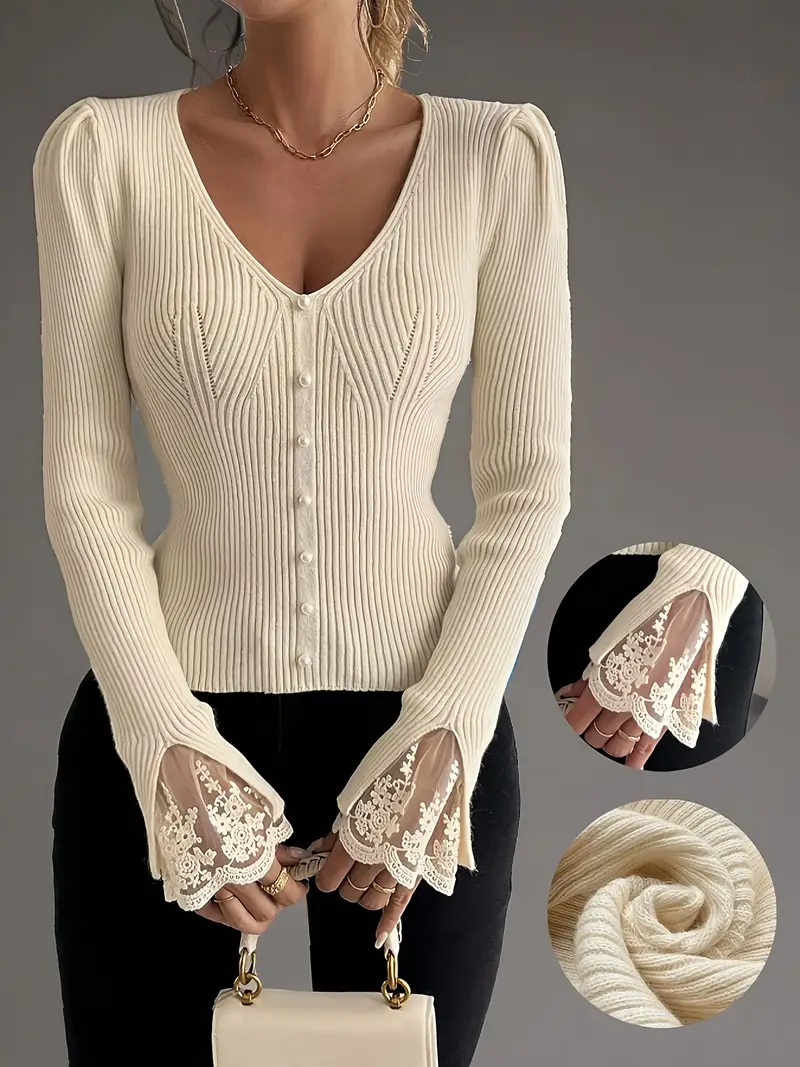 Real | Maglia Elegante A Coste Con Dettagli In Pizzo
