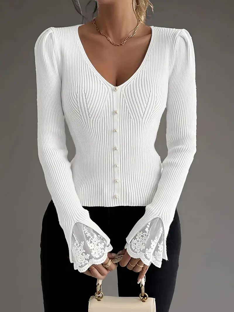 Real | Maglia Elegante A Coste Con Dettagli In Pizzo - Image 2