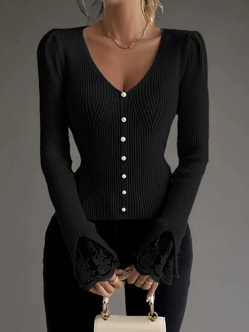Real | Maglia Elegante A Coste Con Dettagli In Pizzo - Image 3
